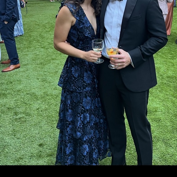 Molinetto Navy Blue Lace Ruffled Tiered Sleeveless Maxi Dress size small - Picture 4 of 7